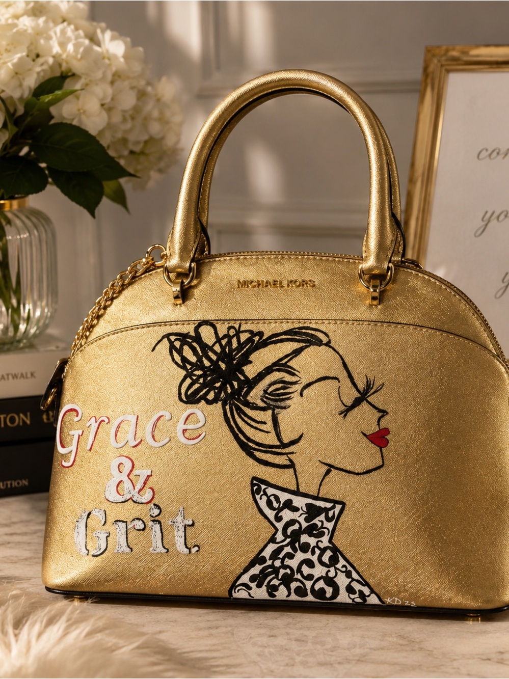Custom Painted Michael Kors Gold Satchel ✨ Grace & Grit Glam Art Bag